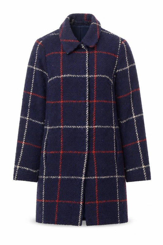 Front view of Debenhams women’s blue plaid overcoat coat, size UK 12, button