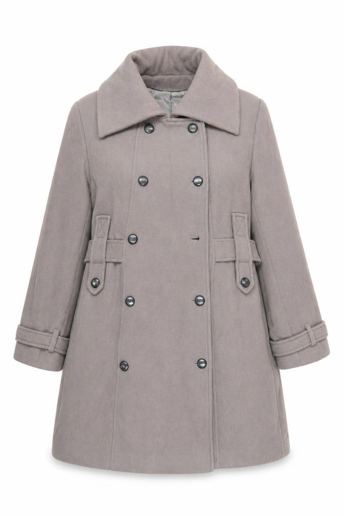 Front view of Minuet women’s grey pea coat coat, size UK 16, button