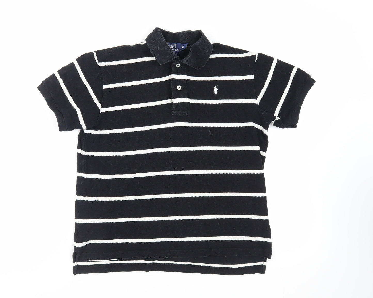 Polo Ralph Lauren Womens Black Striped Cotton Basic Polo Size M Collared - Logo