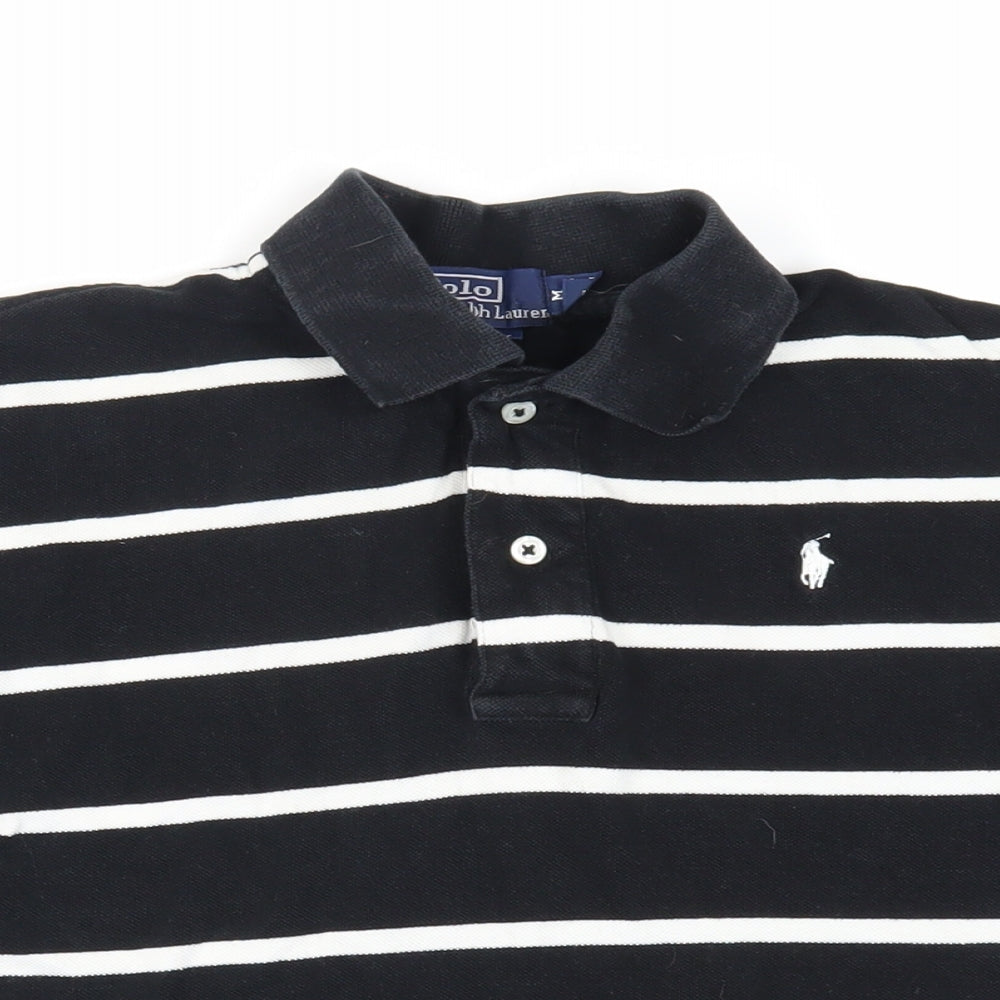 Polo Ralph Lauren Womens Black Striped Cotton Basic Polo Size M Collared - Logo