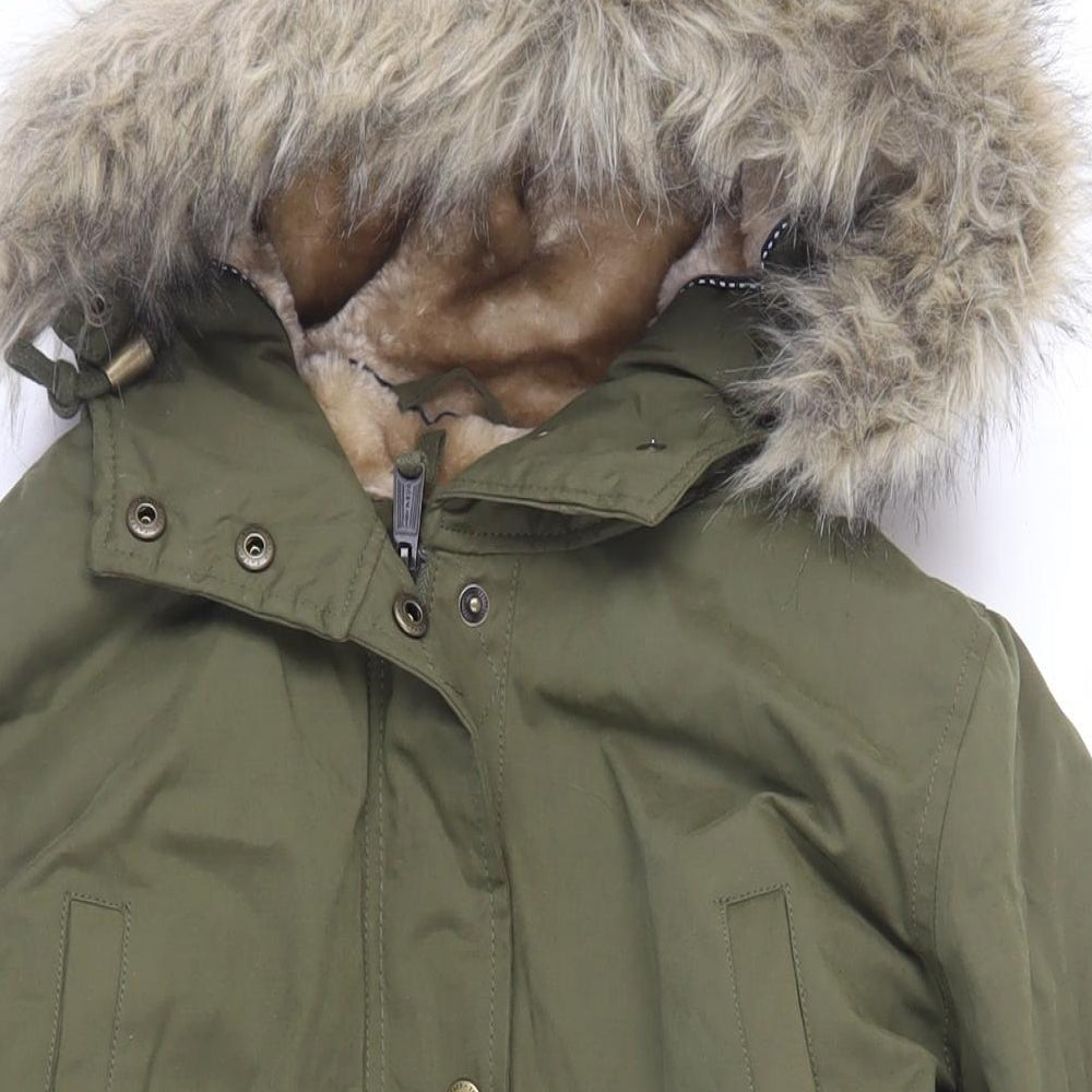 Fat Face Womens Green Jacket Size 14 Zip - Faux Fur Trim