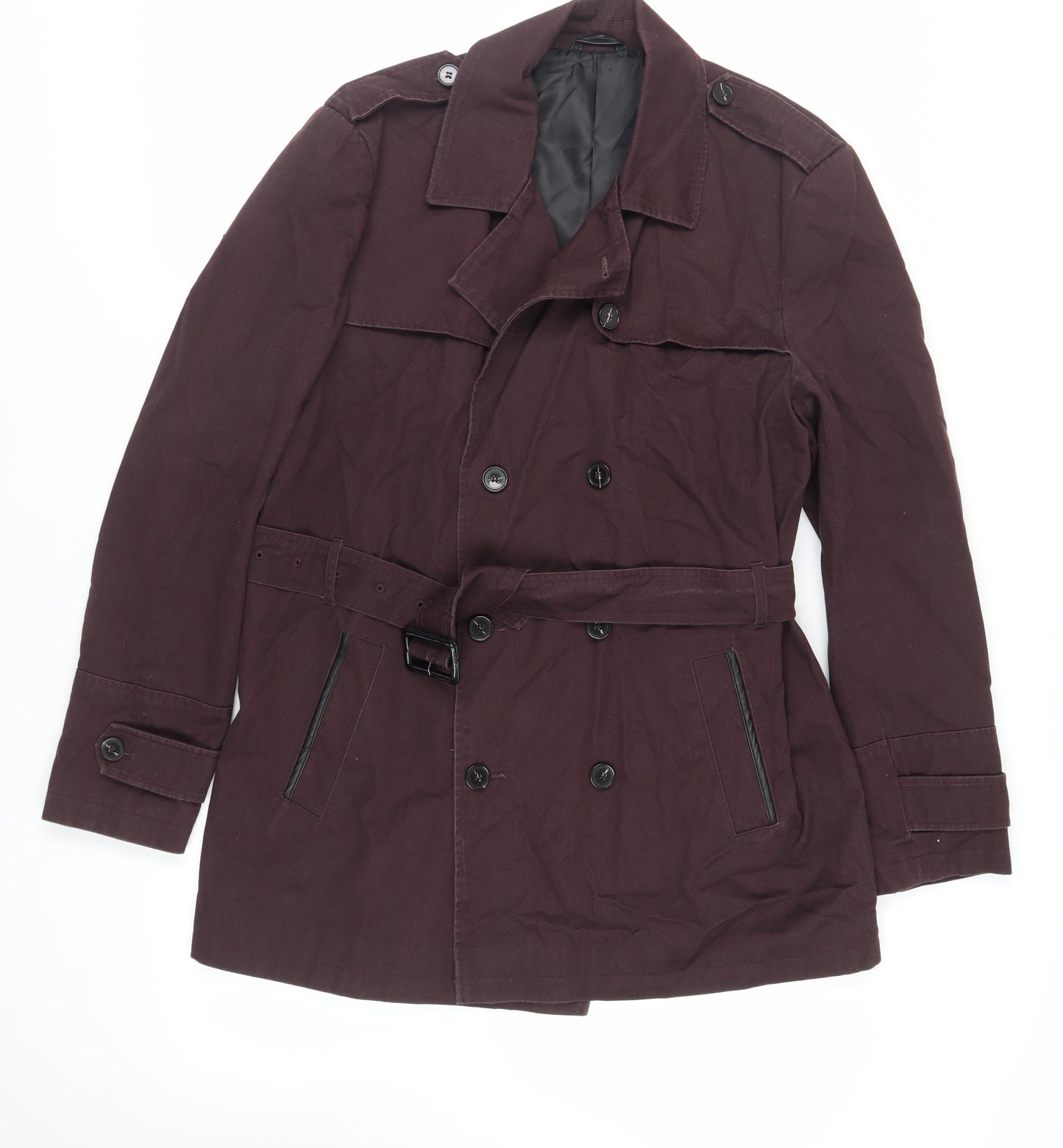 River Island Mens Purple Pea Coat Coat Size L Button - Belted