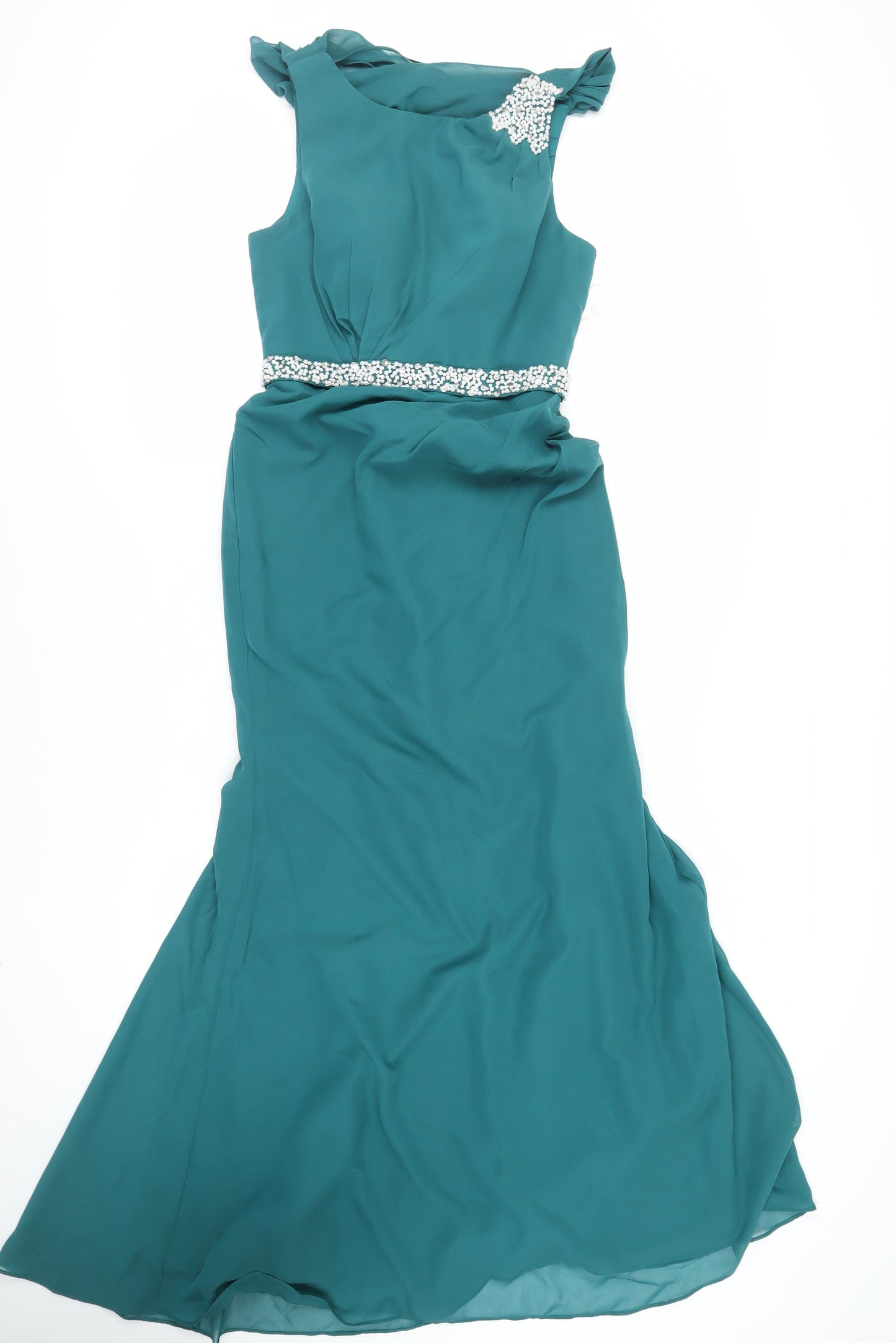 Stacees Womens Green Polyester Ball Gown Size 8 Boat Neck Zip - Beaded