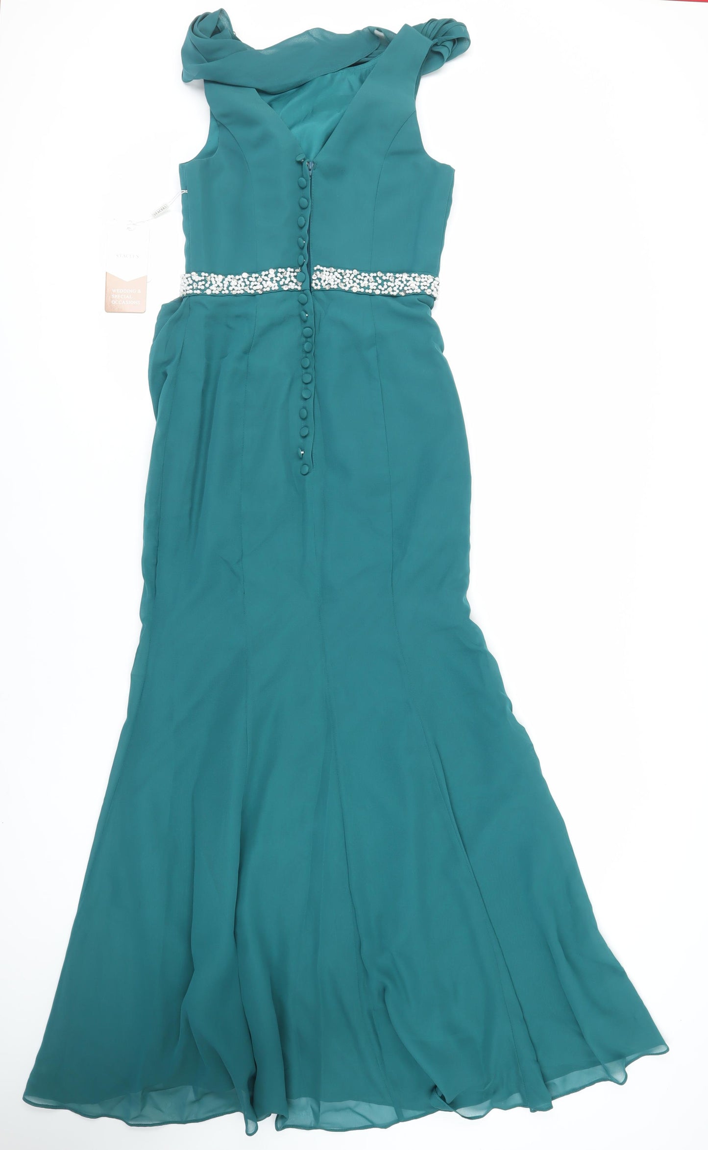 Stacees Womens Green Polyester Ball Gown Size 8 Boat Neck Zip - Beaded