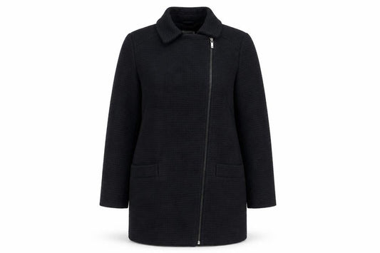 Front view of Debenhams women’s black overcoat coat, size UK 12, zip