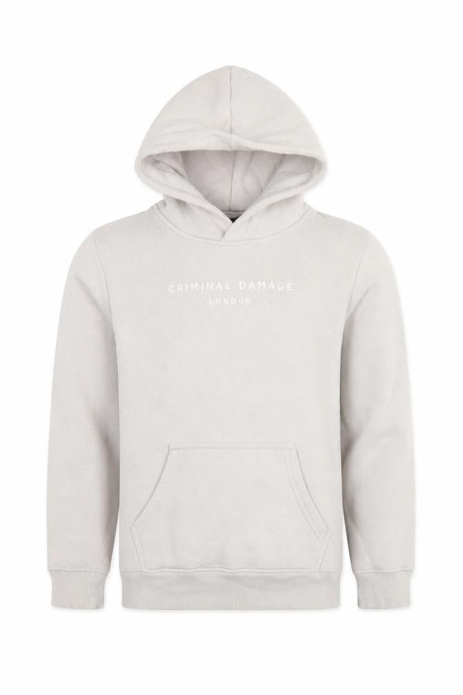 Front view of Criminal Damage boys’ grey cotton pullover hoodie, size 11-12, years pullover - logo