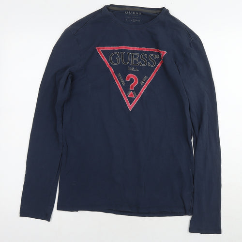 GUESS Mens Blue Cotton T-Shirt Size L Round Neck - Logo
