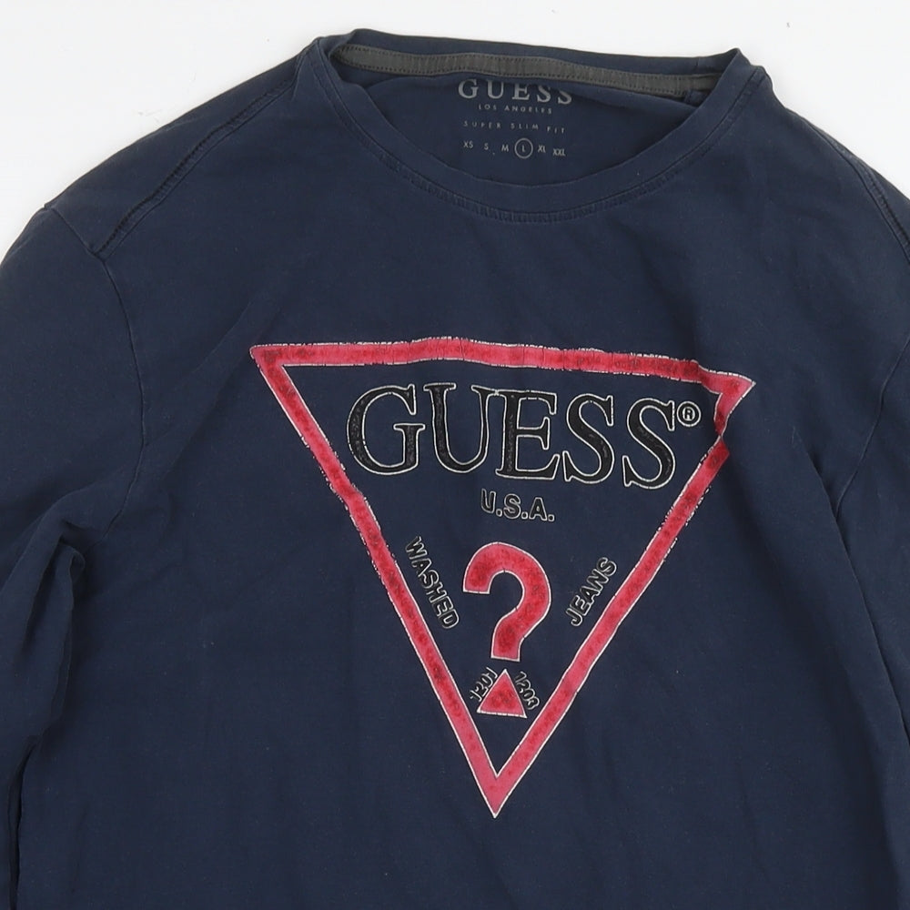 GUESS Mens Blue Cotton T-Shirt Size L Round Neck - Logo