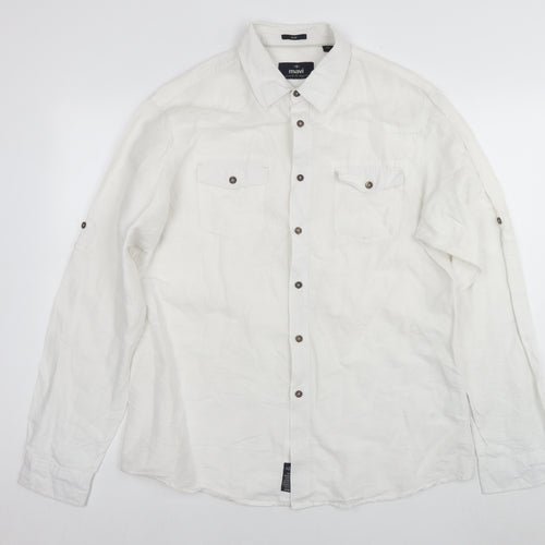 Mavi Mens White Linen Button-Up Size XL Collared Button