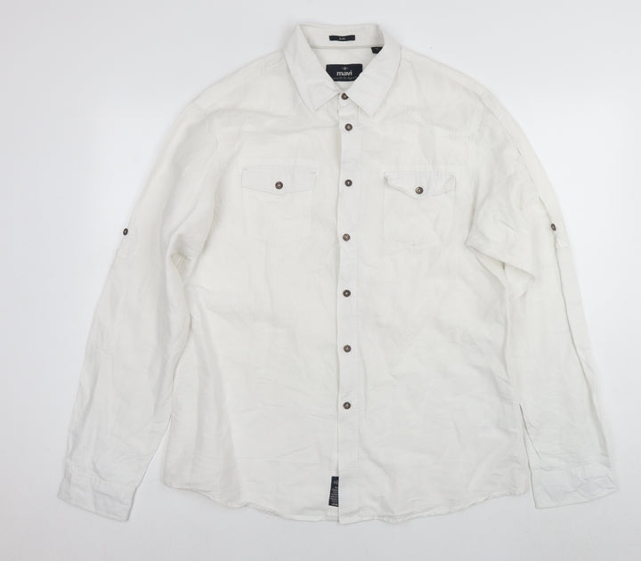 Mavi Mens White Linen Button-Up Size XL Collared Button