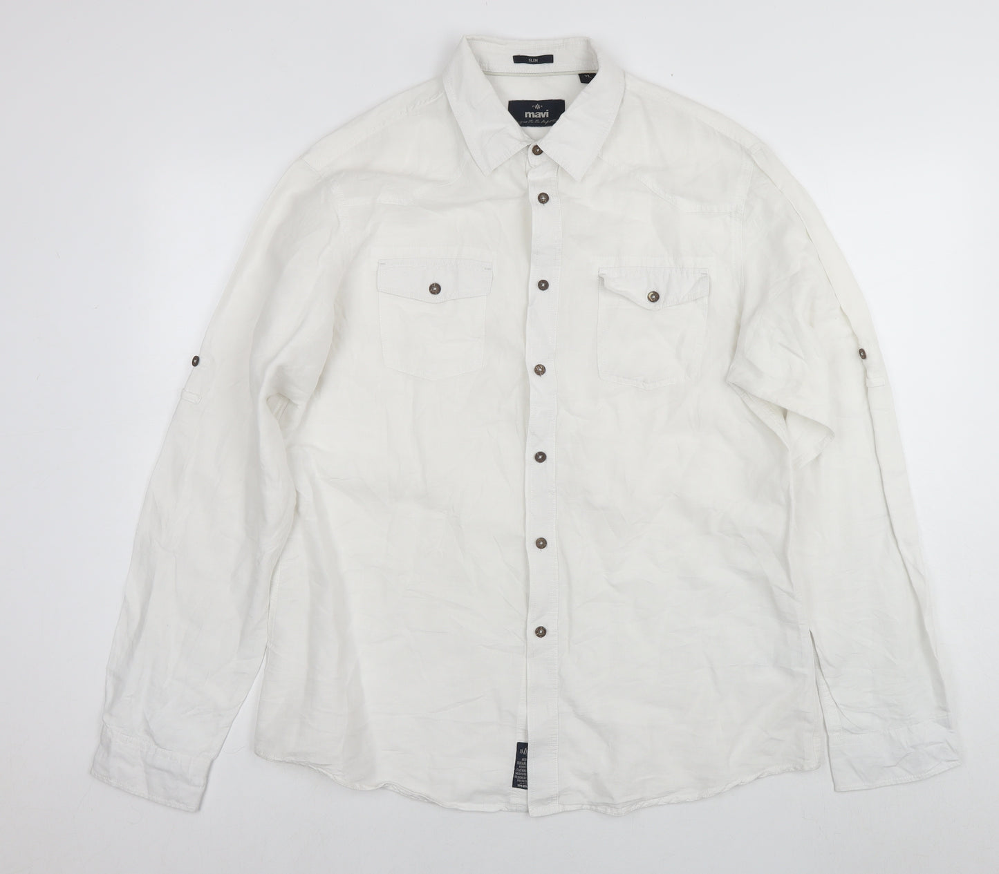 Mavi Mens White Linen Button-Up Size XL Collared Button