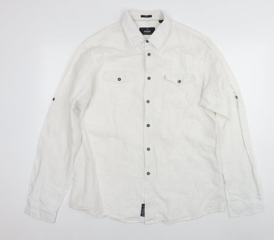 Front view of Mavi men’s white linen button-up, size XL, collared button