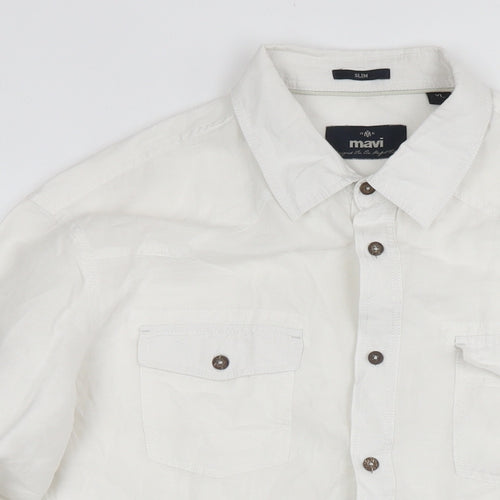 Mavi Mens White Linen Button-Up Size XL Collared Button