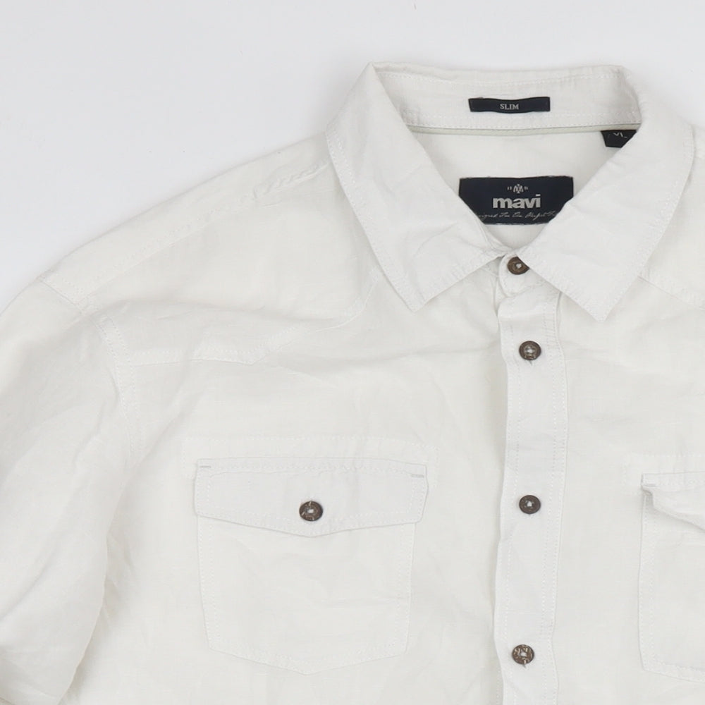 Mavi Mens White Linen Button-Up Size XL Collared Button