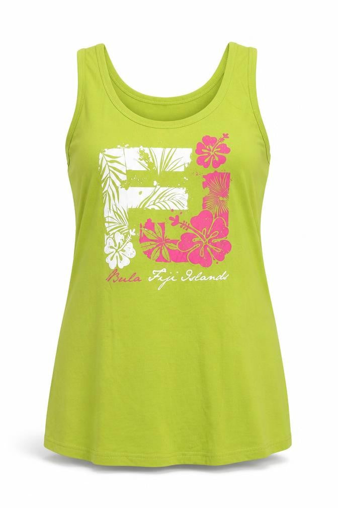 Jackie K Womens Green Cotton Jersey Tank Size 18 Round Neck - Floral Logo
