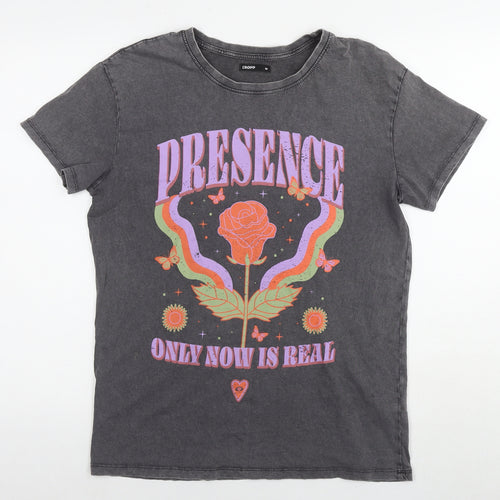 Crop Womens Grey Cotton Basic T-Shirt Size M Round Neck - Flower Presence Only Now Is Real