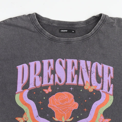 Crop Womens Grey Cotton Basic T-Shirt Size M Round Neck - Flower Presence Only Now Is Real