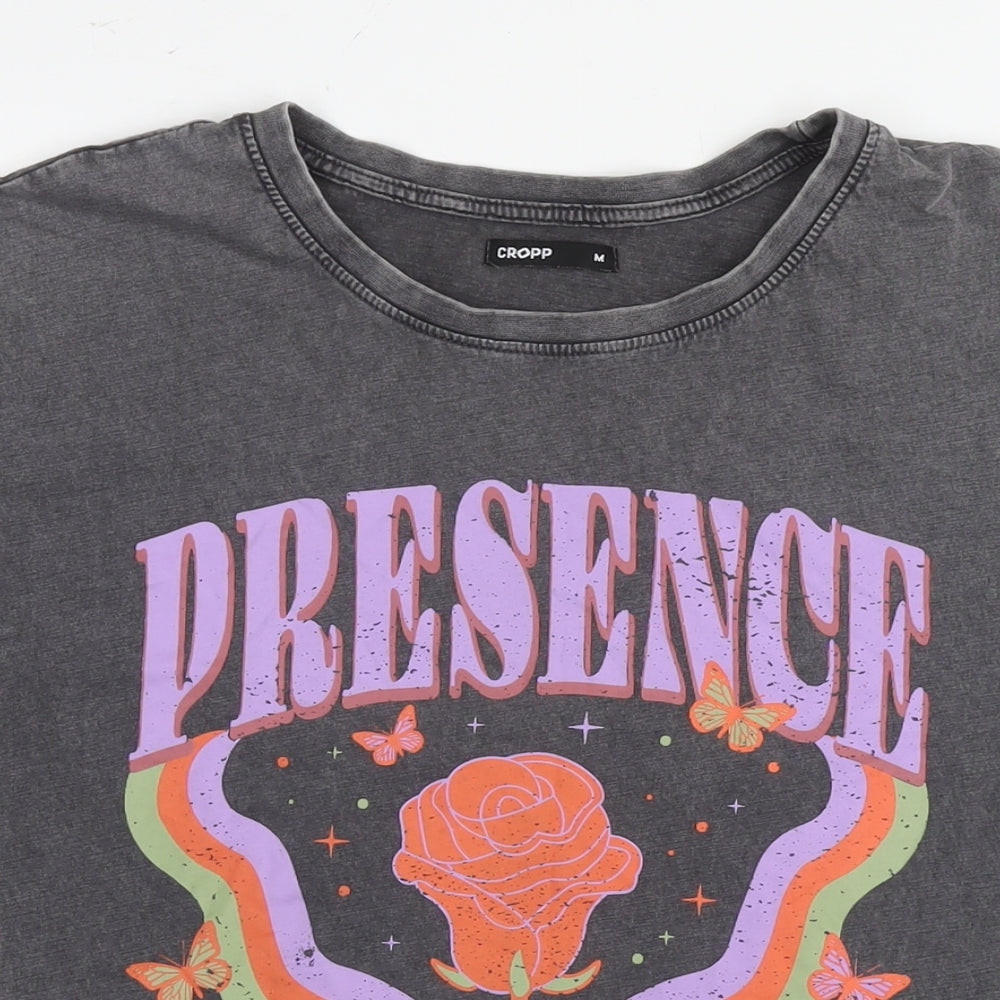 Crop Womens Grey Cotton Basic T-Shirt Size M Round Neck - Flower Presence Only Now Is Real
