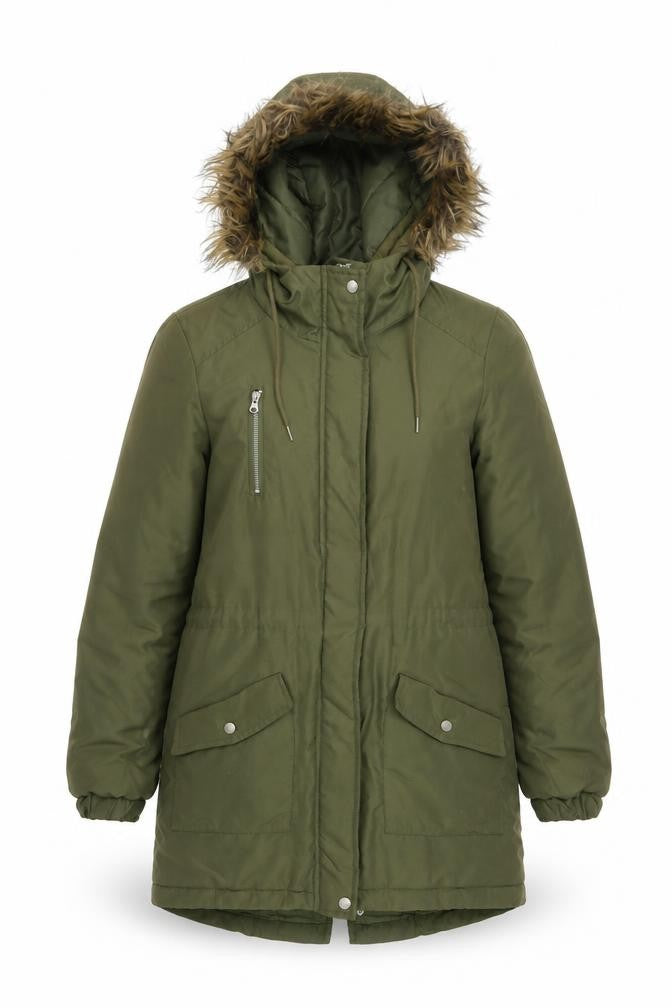 Front view of Noisy May women’s green puffer jacket jacket, size S, zip
