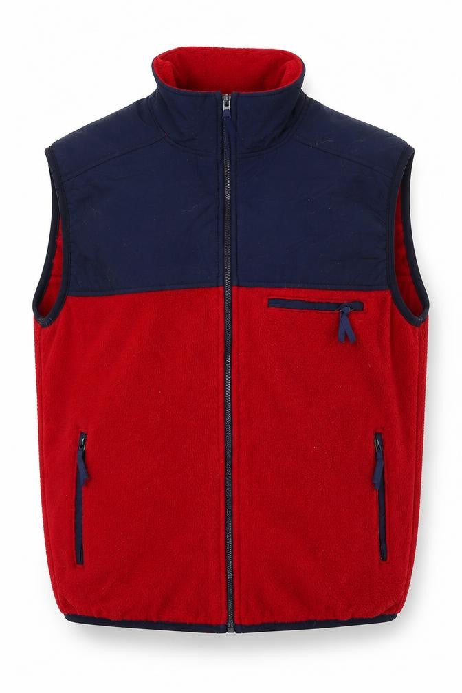 Front view of Get Fleeced men’s red gilet waistcoat one size zip