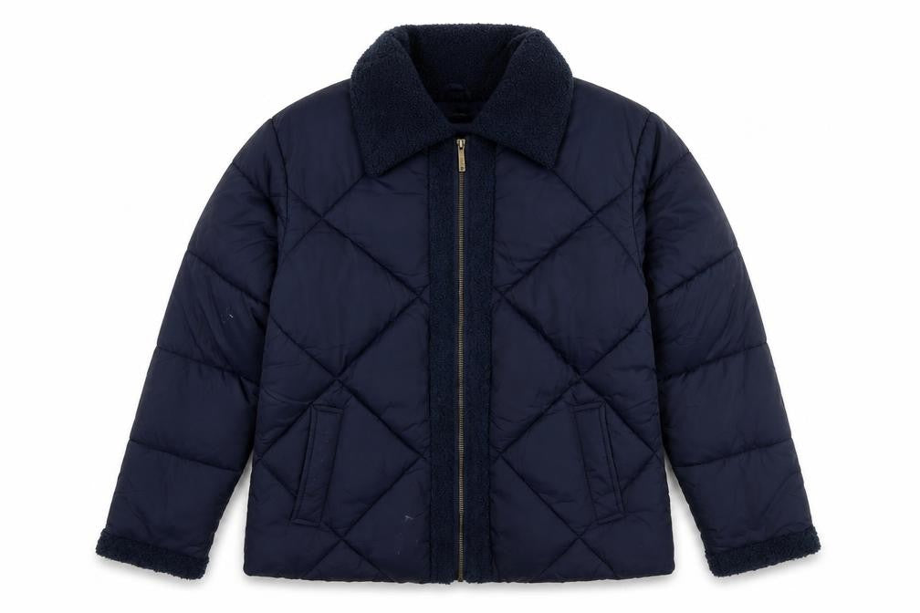 Front view of Maine New England women’s blue quilted jacket, size UK 12, zip