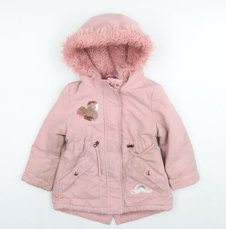 Disney Girls Pink Parka Jacket Size 3-4 Years Zip
