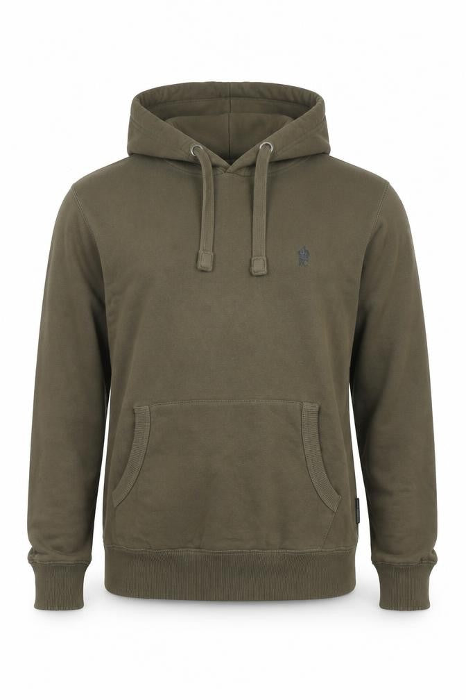 Front view of French Connection men’s green cotton pullover hoodie, size S