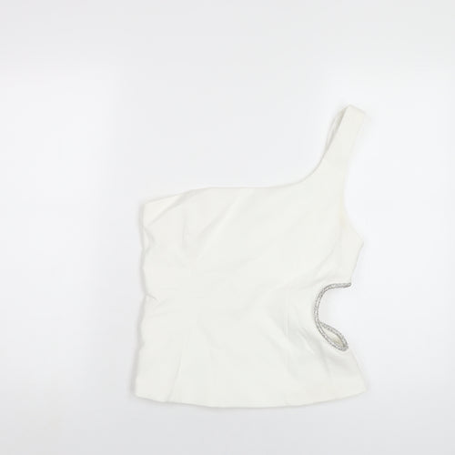 Zara Womens White Polyester Basic T-Shirt Size M One Shoulder