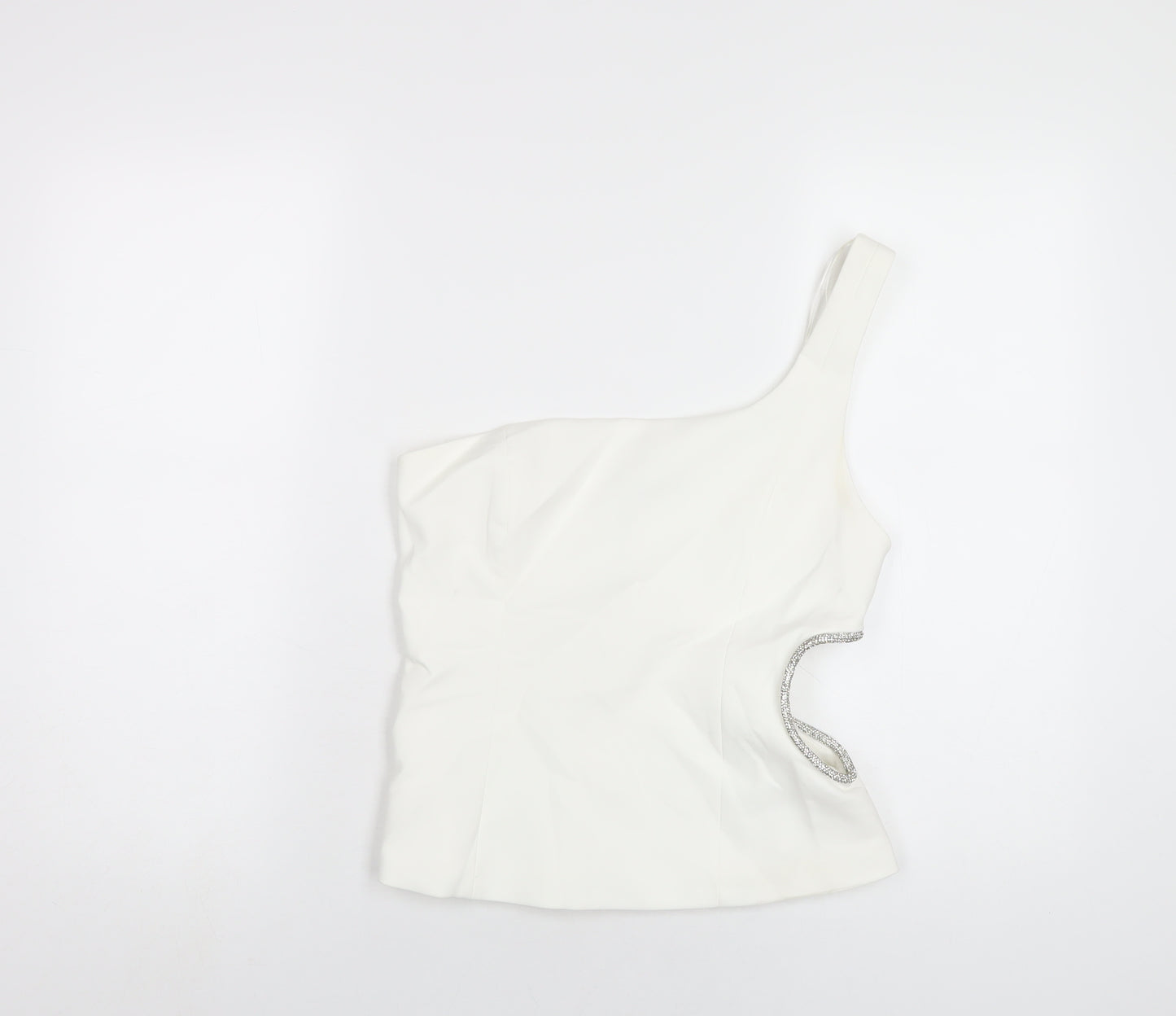Zara Womens White Polyester Basic T-Shirt Size M One Shoulder