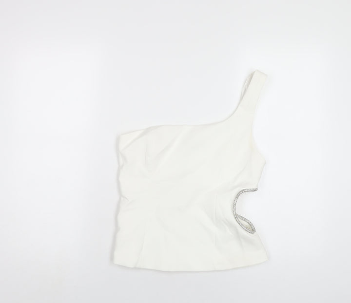 Zara Womens White Polyester Basic T-Shirt Size M One Shoulder