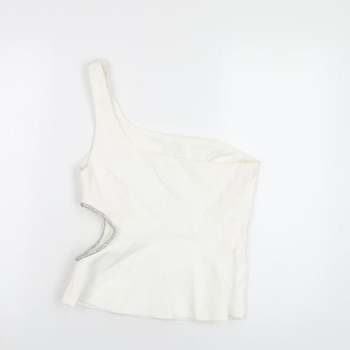 Zara Womens White Polyester Basic T-Shirt Size M One Shoulder