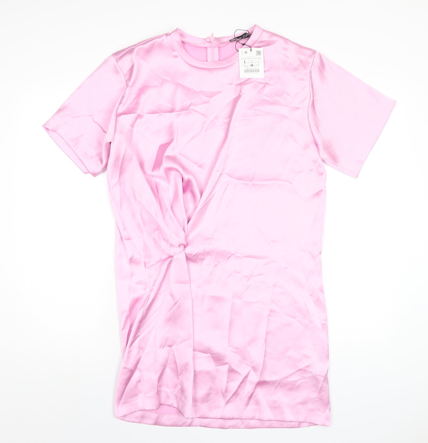 Zara Womens Pink Polyester T-Shirt Dress Size L Round Neck Zip