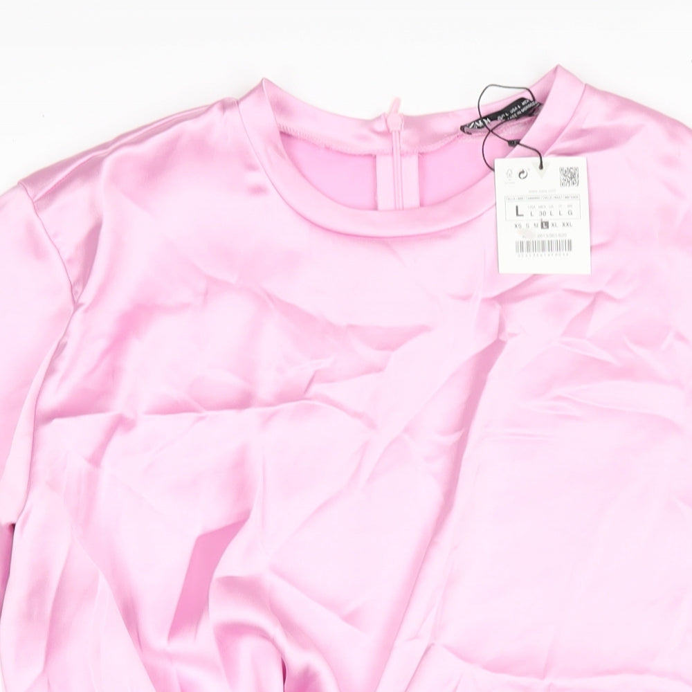 Zara Womens Pink Polyester T-Shirt Dress Size L Round Neck Zip