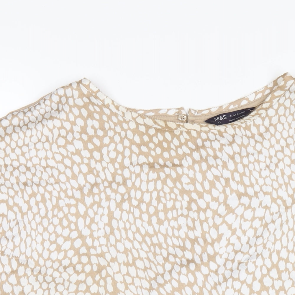 Marks and Spencer Womens Beige Geometric Polyester Basic T-Shirt Size 12 Round Neck