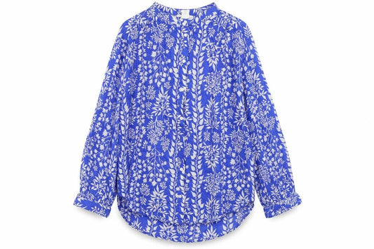 Front view of H&M women’s blue geometric cotton basic button-up, size S, round neck