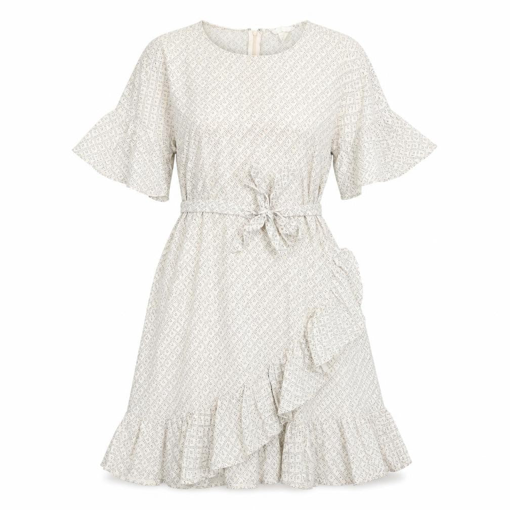 Front view of H&M women’s ivory geometric cotton a-line, size UK 12, round neck zip