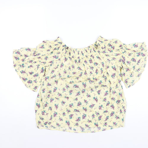 New Look Womens Yellow Floral Viscose Basic T-Shirt Size 8 Off the Shoulder