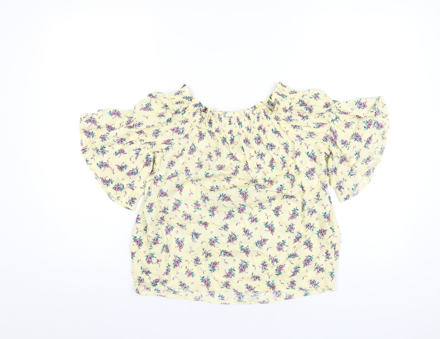 New Look Womens Yellow Floral Viscose Basic T-Shirt Size 8 Off the Shoulder