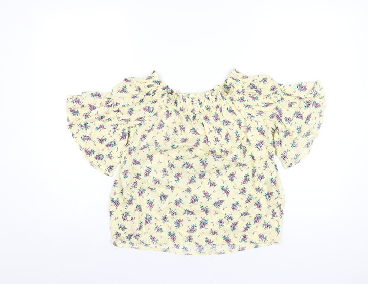New Look Womens Yellow Floral Viscose Basic T-Shirt Size 8 Off the Shoulder
