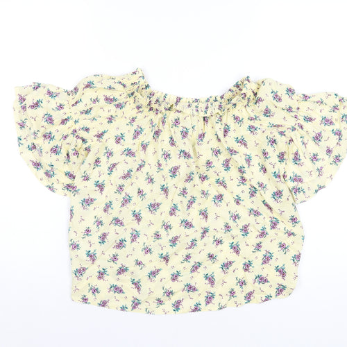 New Look Womens Yellow Floral Viscose Basic T-Shirt Size 8 Off the Shoulder