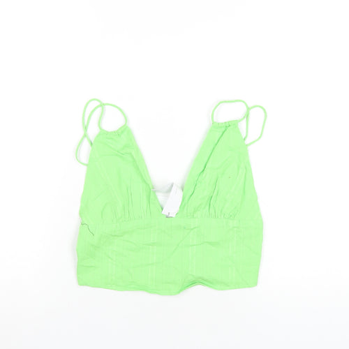 Bershka Womens Green Cotton Cropped T-Shirt Size M V-Neck