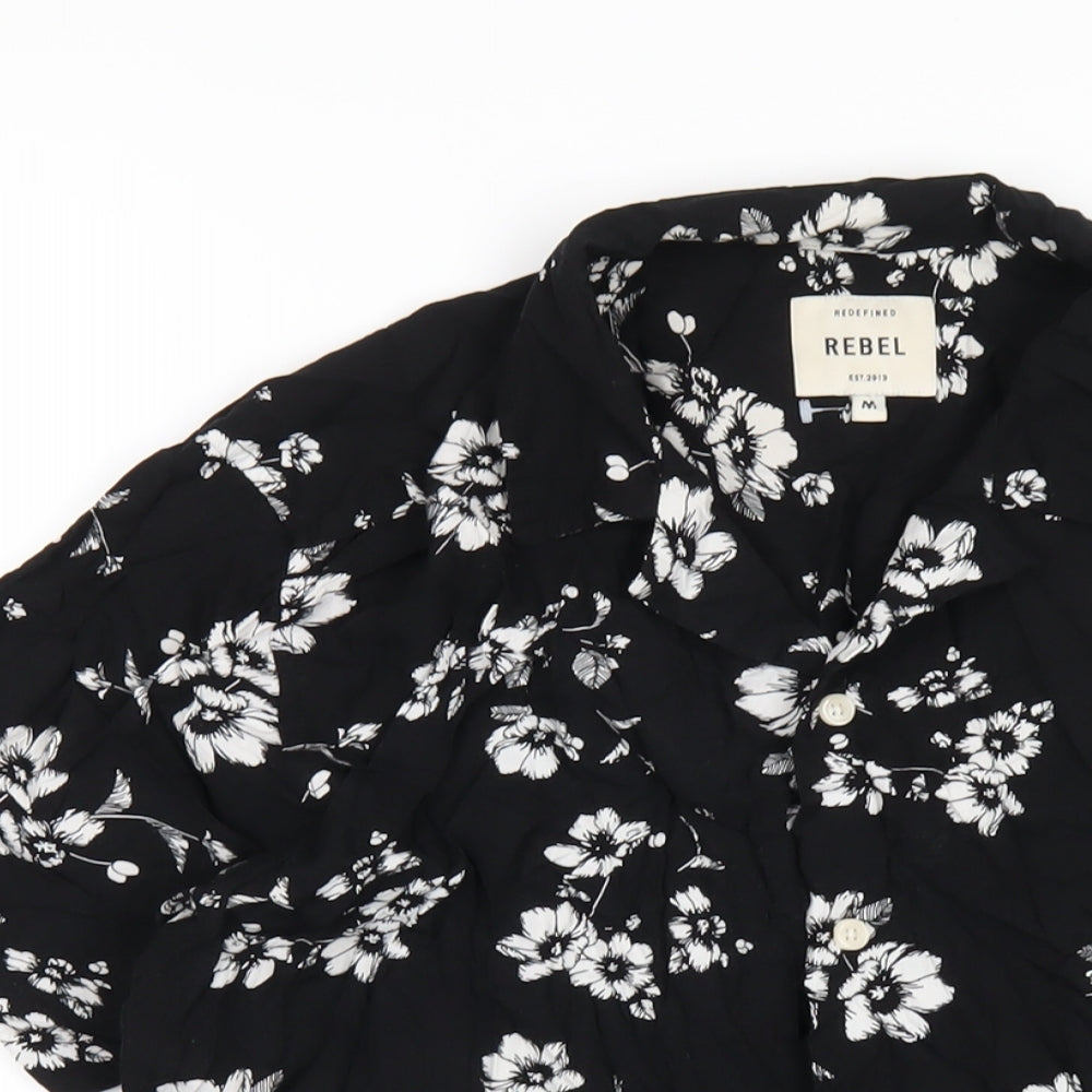 Redefined Rebel Mens Black Floral Viscose Button-Up Size M Collared Button