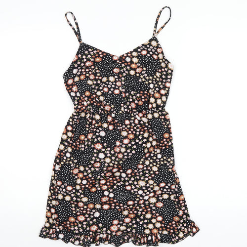 Topshop Womens Black Floral Polyester A-Line Size 8 V-Neck Button