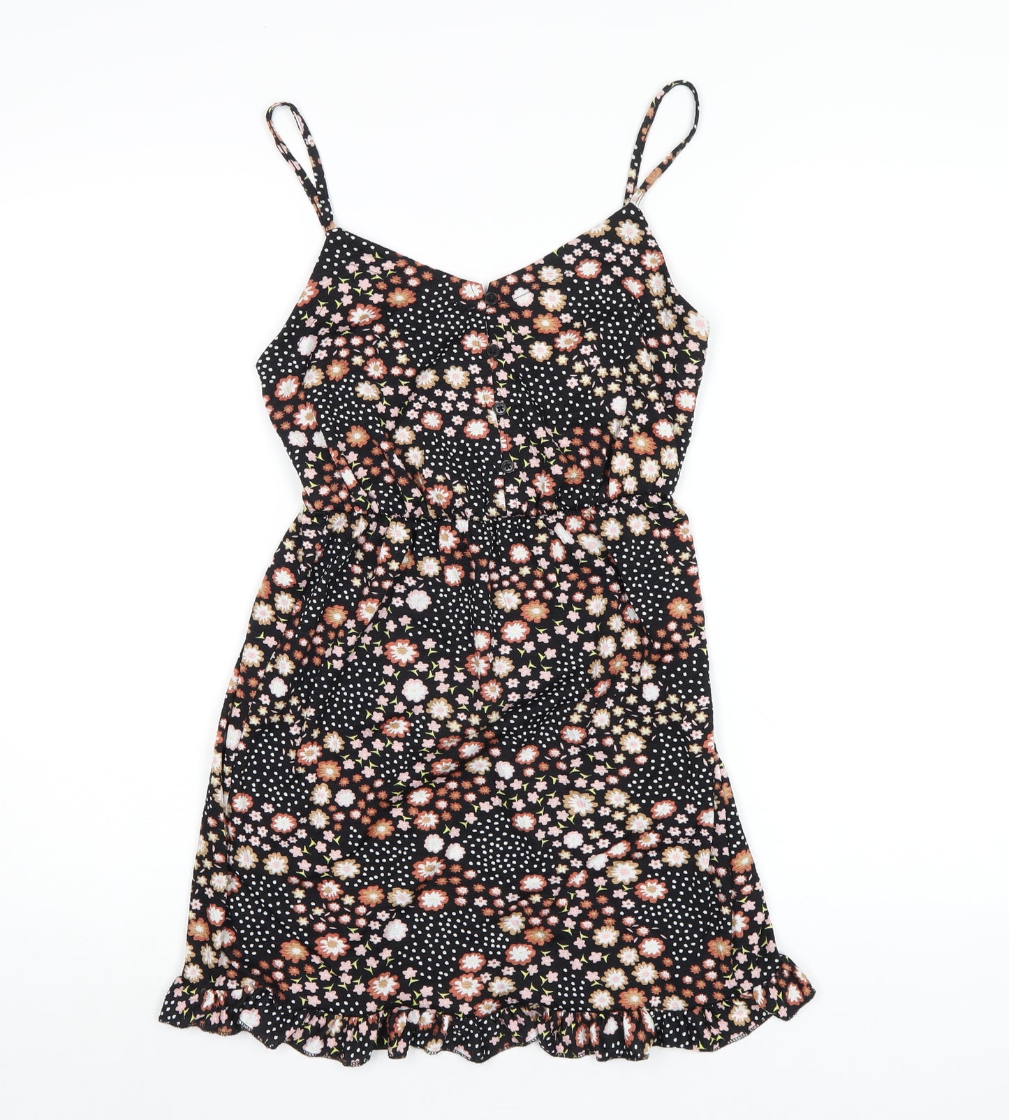 Topshop Womens Black Floral Polyester A-Line Size 8 V-Neck Button