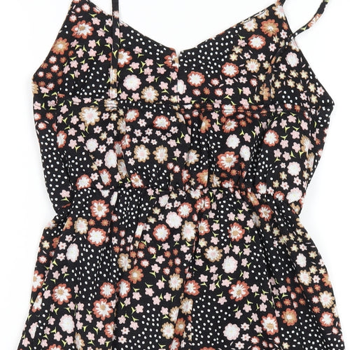 Topshop Womens Black Floral Polyester A-Line Size 8 V-Neck Button