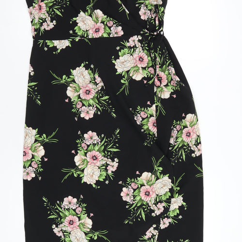 Topshop Womens Black Floral Polyester Wrap Dress Size 14 V-Neck Tie
