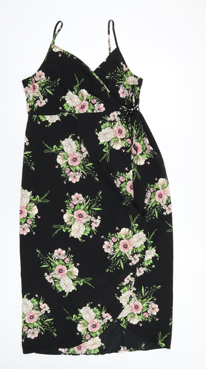 Topshop Womens Black Floral Polyester Wrap Dress Size 14 V-Neck Tie