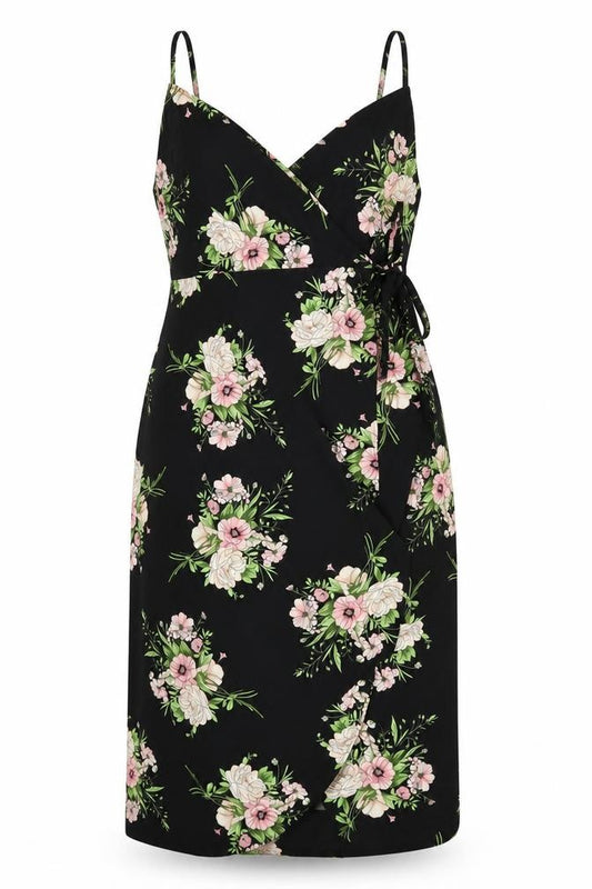 Front view of Topshop women’s black floral polyester wrap dress, size UK 14, v-neck tie