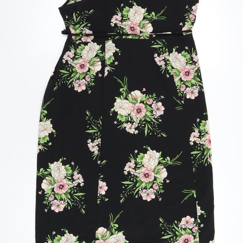 Topshop Womens Black Floral Polyester Wrap Dress Size 14 V-Neck Tie