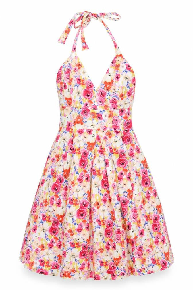 Front view of Red Herring women’s multicoloured floral cotton a-line, size UK 10, halter zip